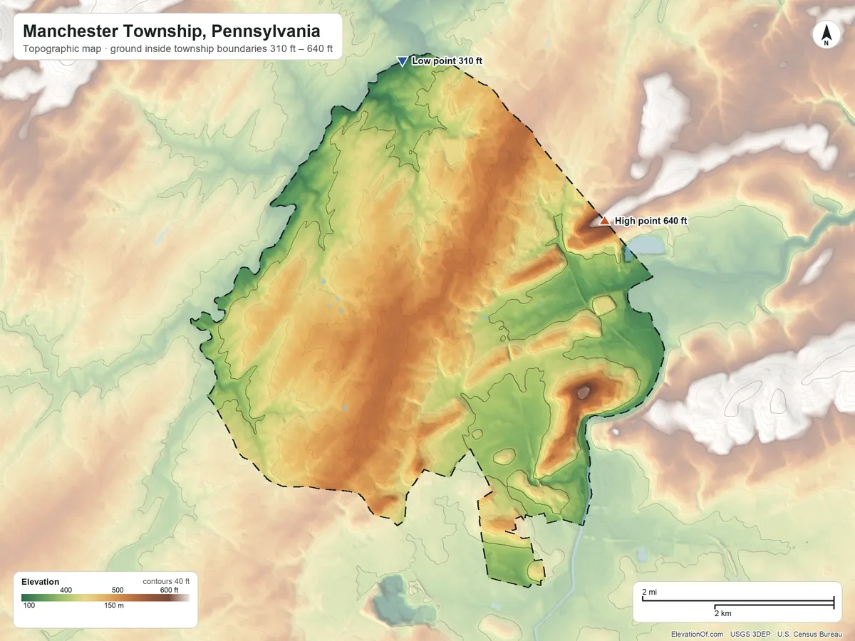 Topographic elevation map of Manchester Township, Pennsylvania, shaded from 310 ft on the north side to 640 ft on the northeast side