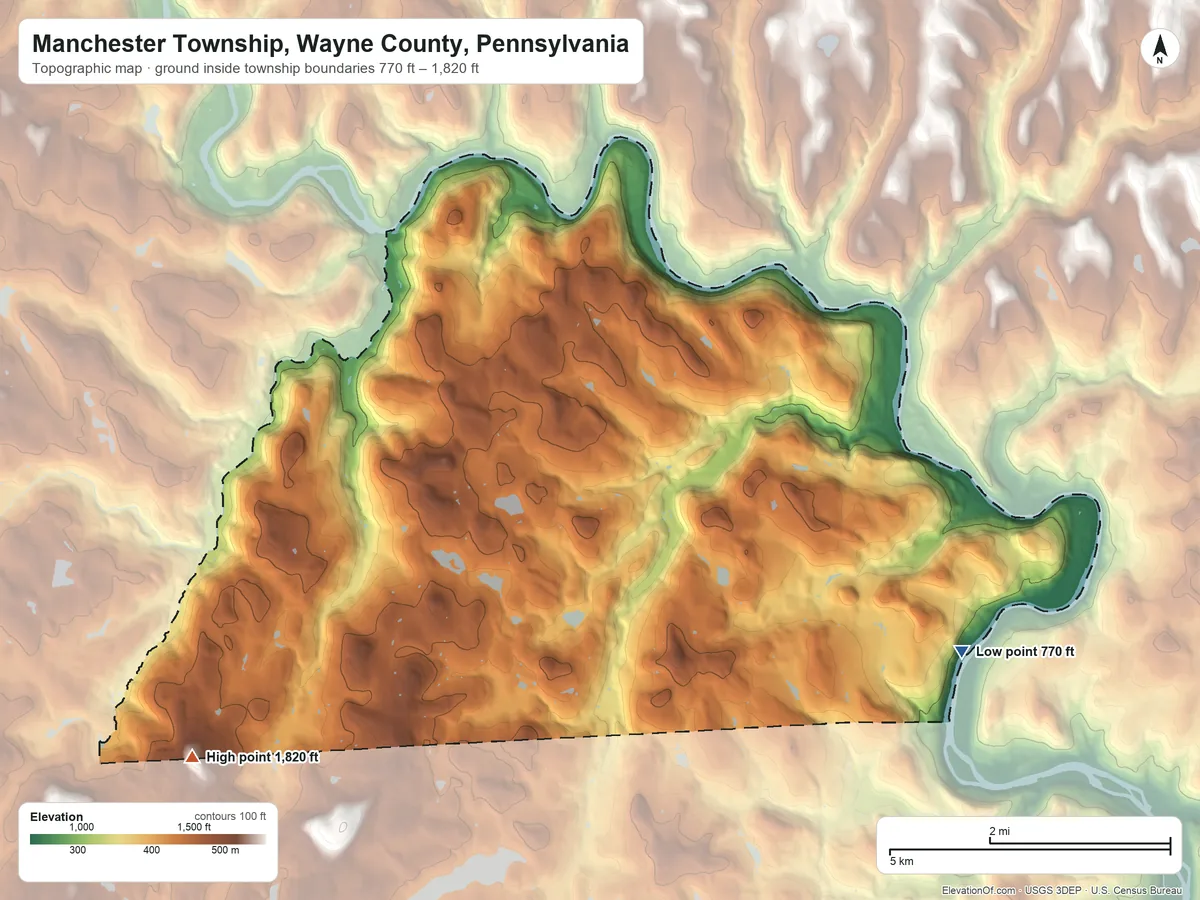 Topographic elevation map of Manchester Township, Wayne County, Pennsylvania, shaded from 770 ft on the east side to 1,820 ft on the southwest side