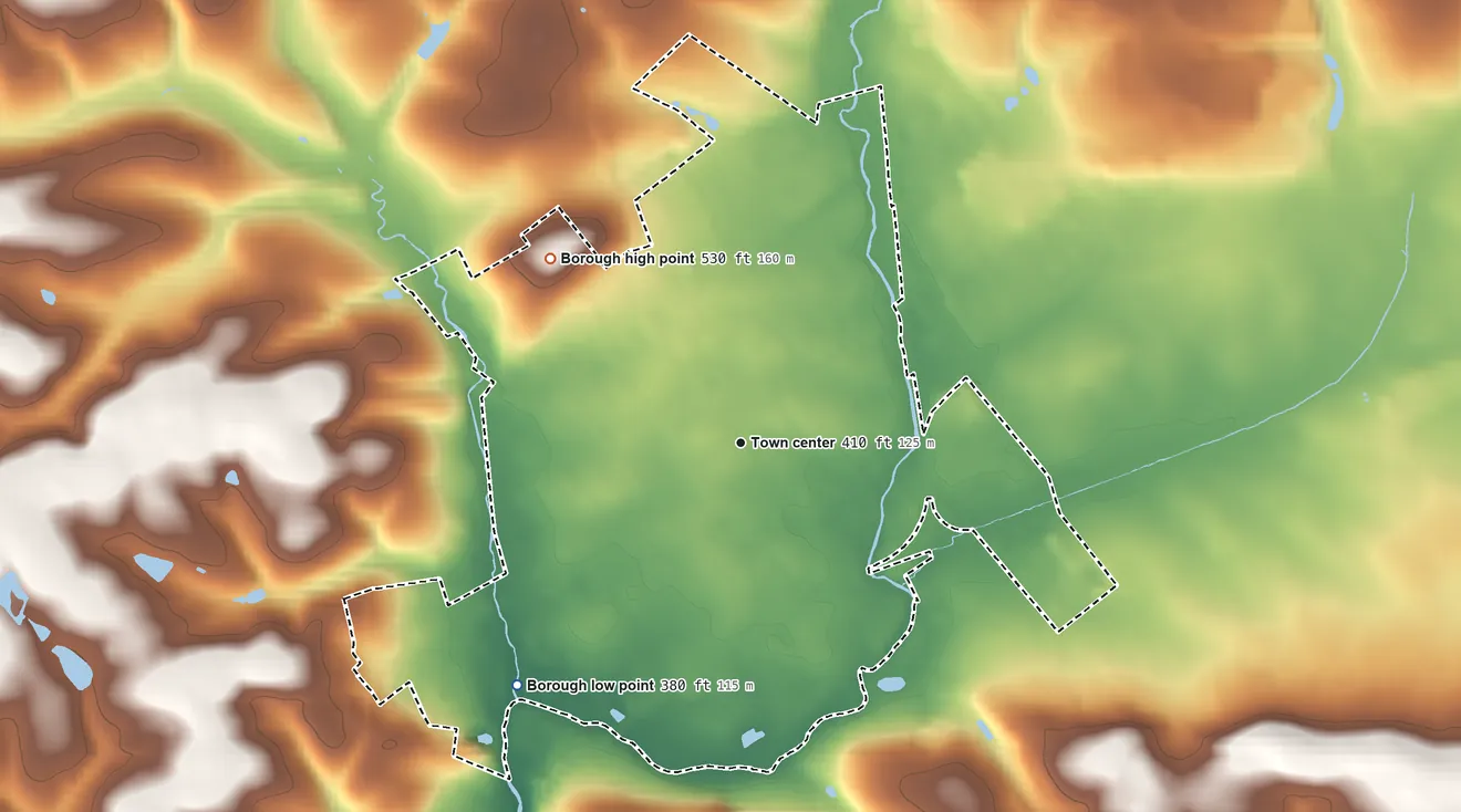 Topographic elevation map of Manheim, Pennsylvania, shaded from 380 ft on the southwest side to 530 ft on the northwest side