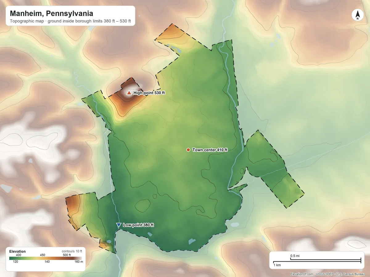 Topographic elevation map of Manheim, Pennsylvania, shaded from 380 ft on the southwest side to 530 ft on the northwest side