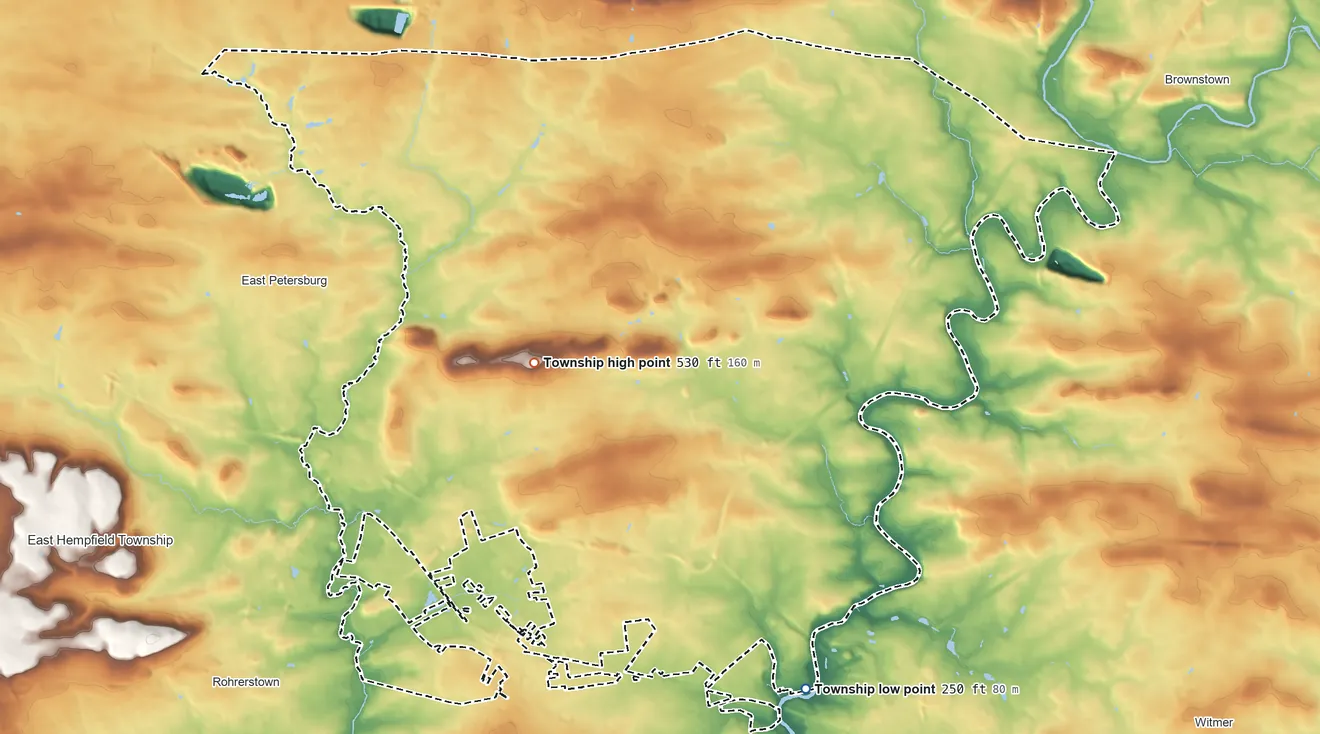 Topographic elevation map of Manheim Township, Pennsylvania, shaded from 250 ft on the southeast side to 530 ft near the middle