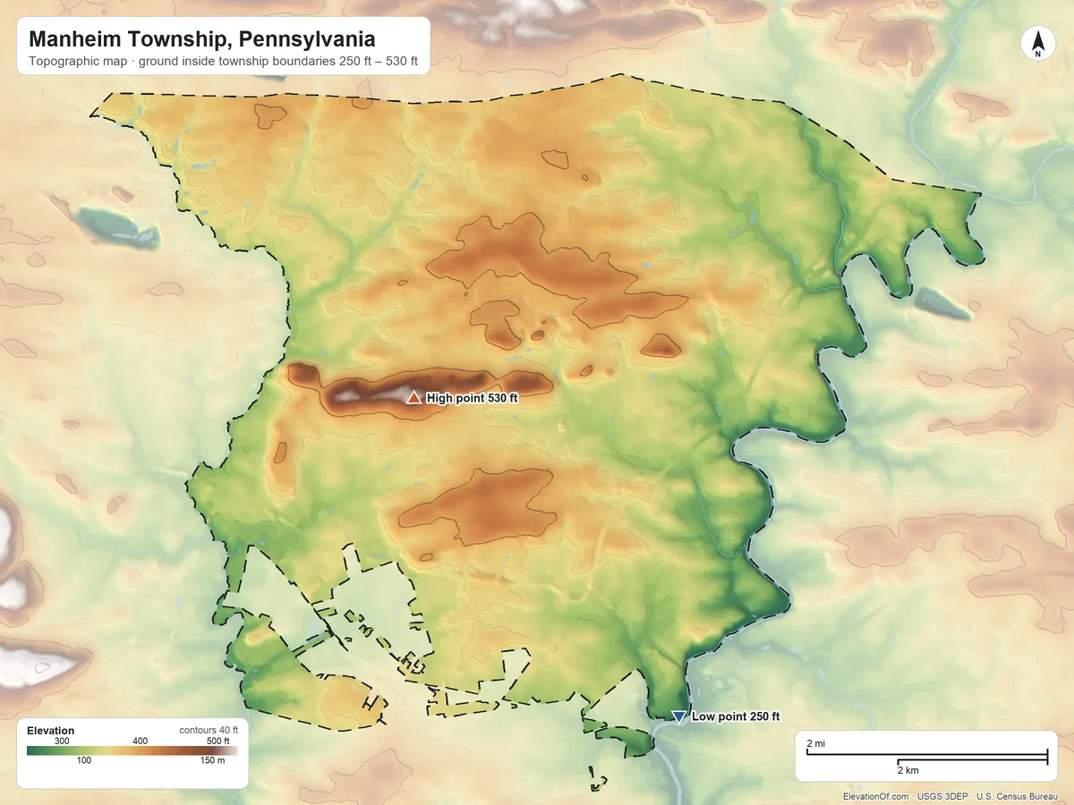 Topographic elevation map of Manheim Township, Pennsylvania, shaded from 250 ft on the southeast side to 530 ft near the middle
