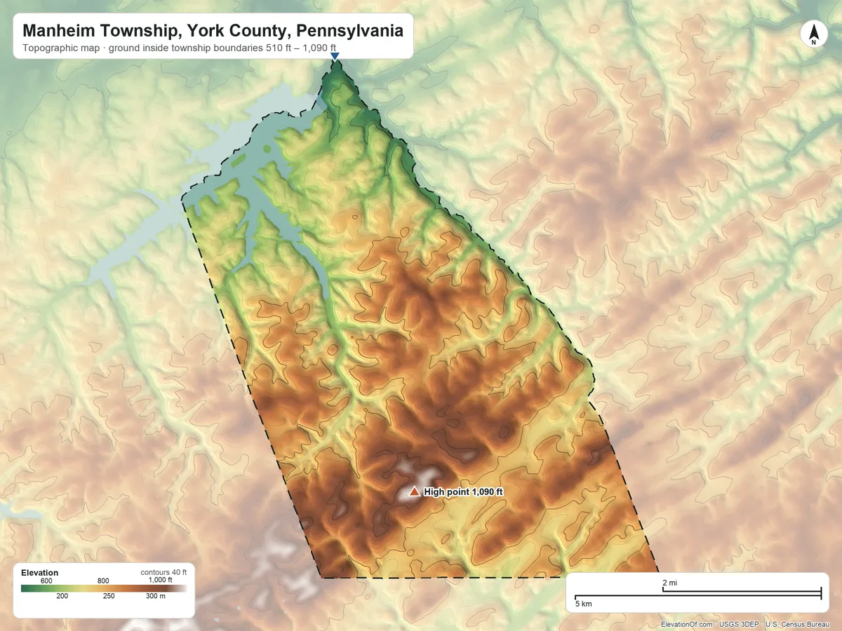 Topographic elevation map of Manheim Township, York County, Pennsylvania, shaded from 510 ft on the north side to 1,090 ft on the south side
