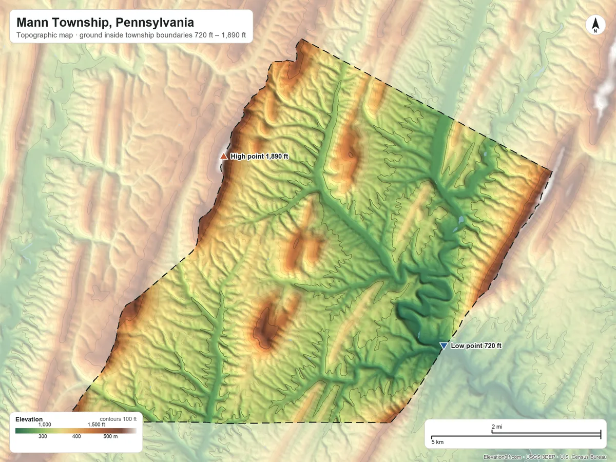 Topographic elevation map of Mann Township, Pennsylvania, shaded from 720 ft on the east side to 1,890 ft on Big Mountain