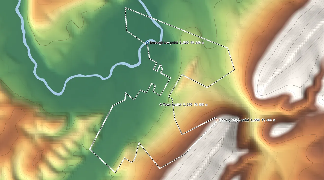 Topographic elevation map of Manns Choice, Pennsylvania, shaded from 1,120 ft on the north side to 1,550 ft on the east edge, below higher ground just outside