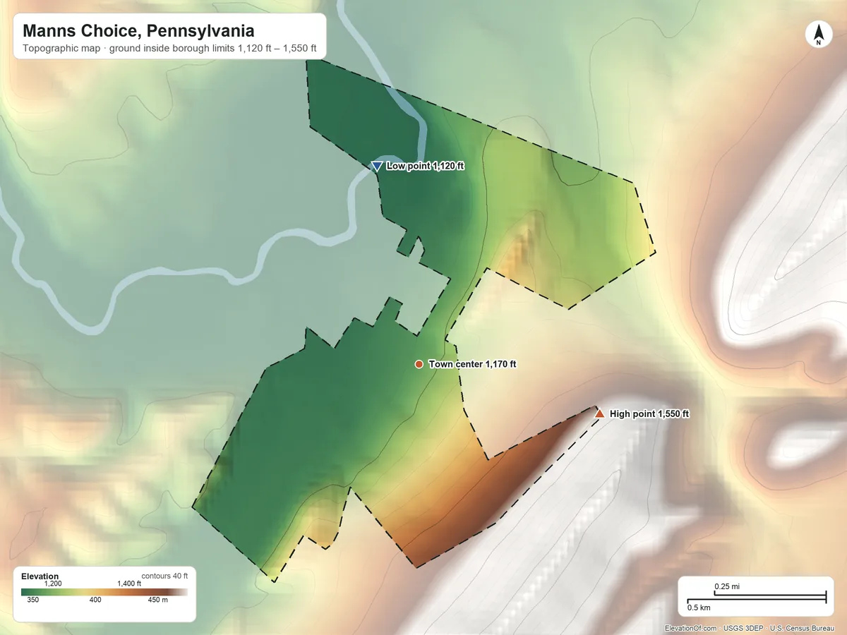 Topographic elevation map of Manns Choice, Pennsylvania, shaded from 1,120 ft on the north side to 1,550 ft on the east edge, below higher ground just outside