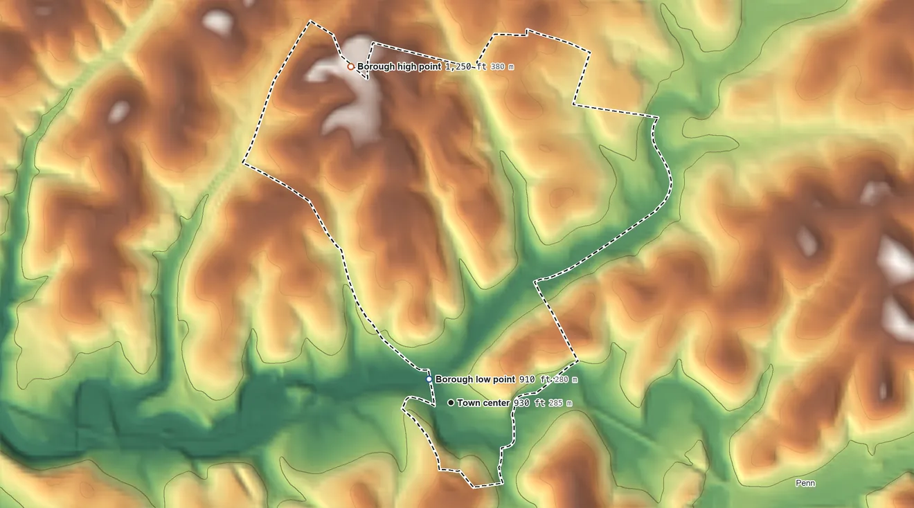 Topographic elevation map of Manor, Pennsylvania, shaded from 910 ft near the middle to 1,250 ft on the north side