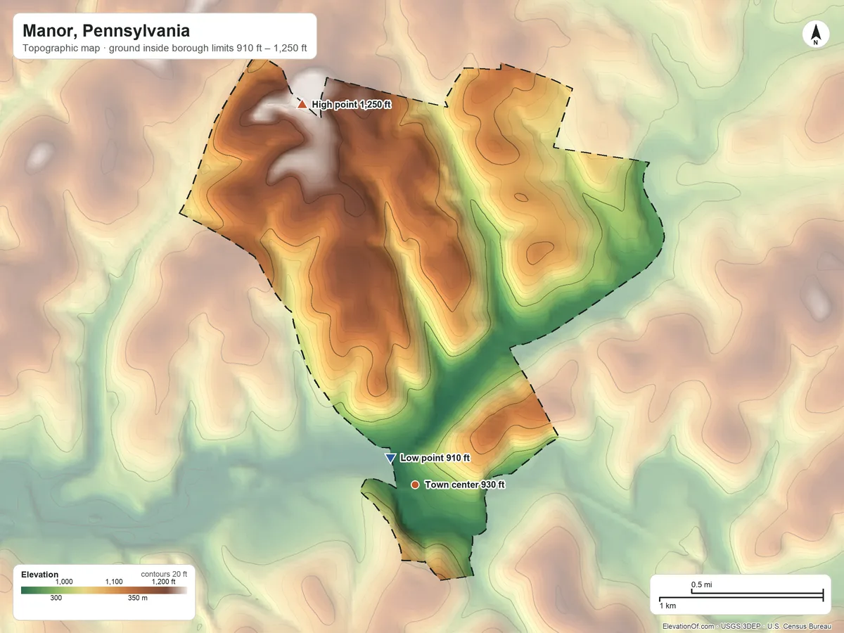 Topographic elevation map of Manor, Pennsylvania, shaded from 910 ft near the middle to 1,250 ft on the north side
