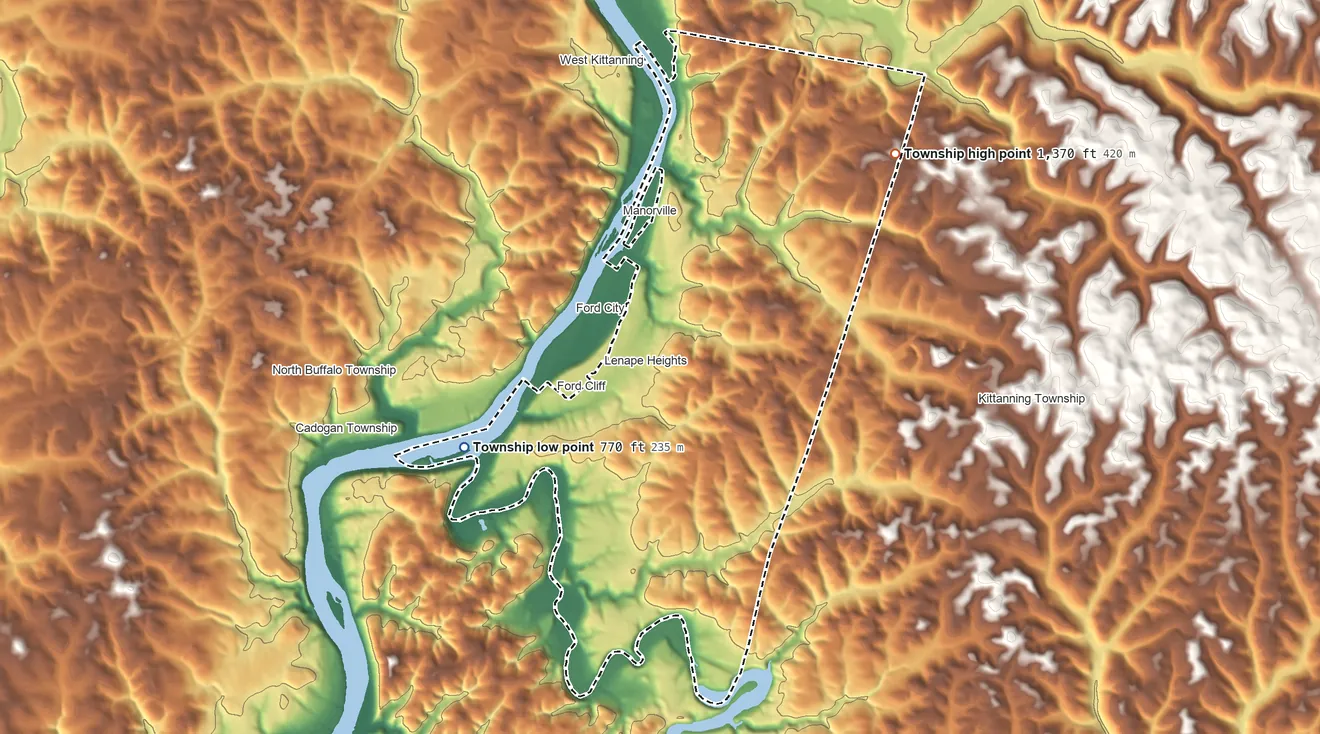 Topographic elevation map of Manor Township, Armstrong County, Pennsylvania, shaded from 770 ft on the southwest side to 1,370 ft on the northeast side