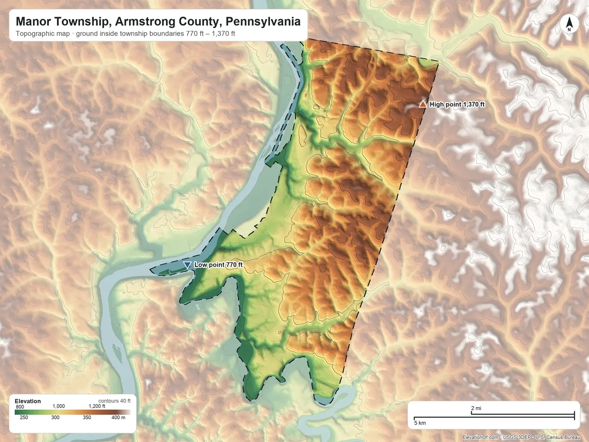 Topographic elevation map of Manor Township, Armstrong County, Pennsylvania, shaded from 770 ft on the southwest side to 1,370 ft on the northeast side