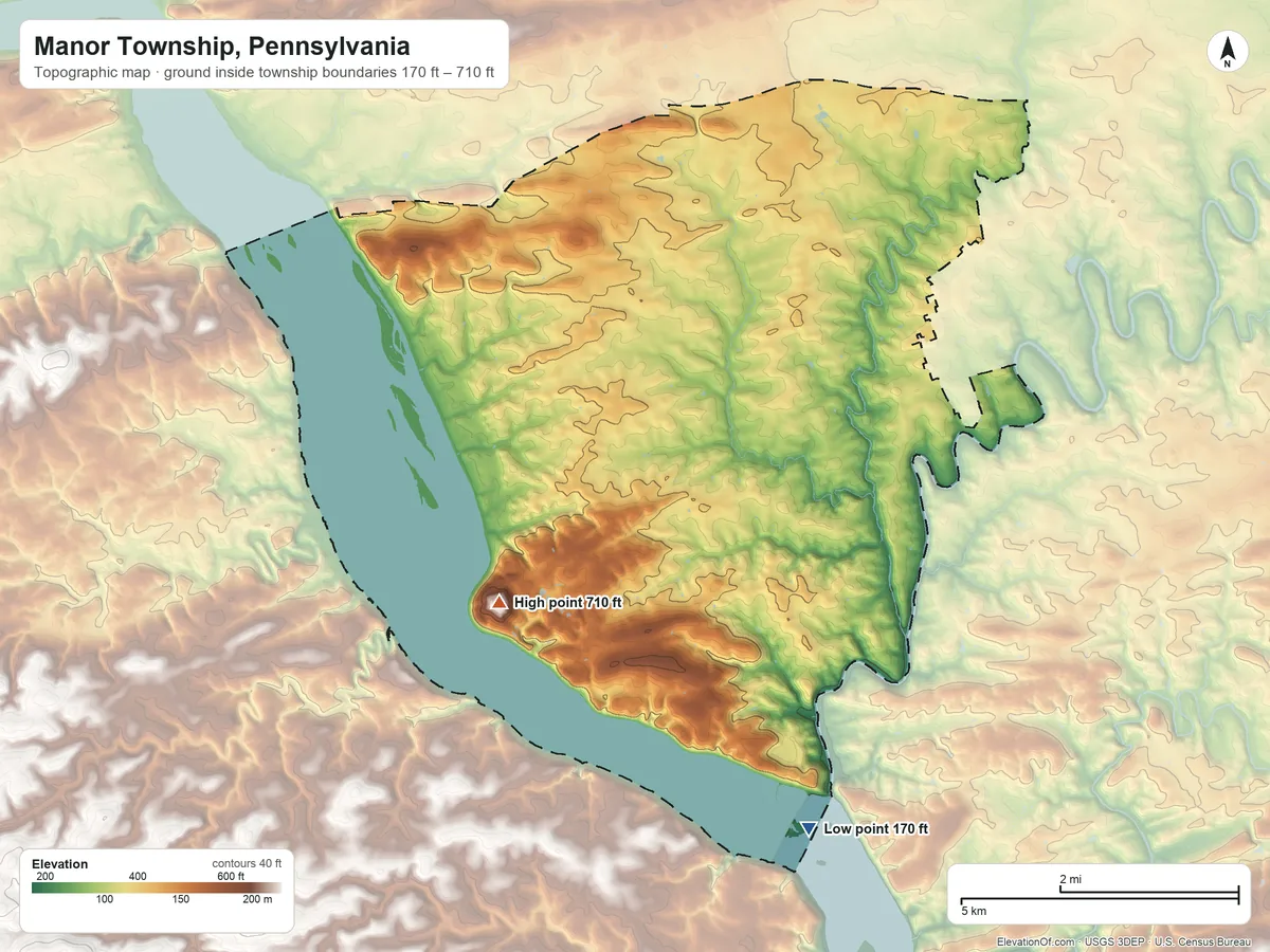 Topographic elevation map of Manor Township, Pennsylvania, shaded from 170 ft on the south side to 710 ft on Turkey Hill