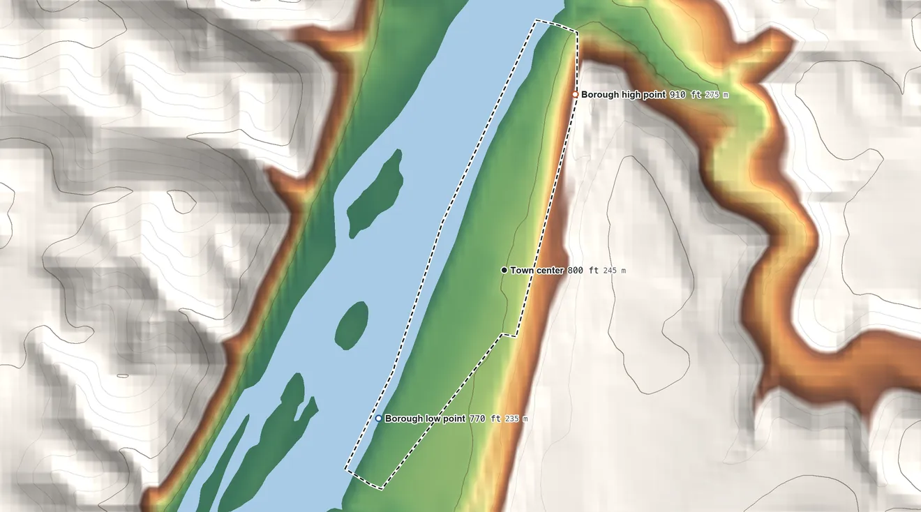 Topographic elevation map of Manorville, Pennsylvania, shaded from 770 ft on the southwest side to 910 ft on the north edge, below higher ground just outside