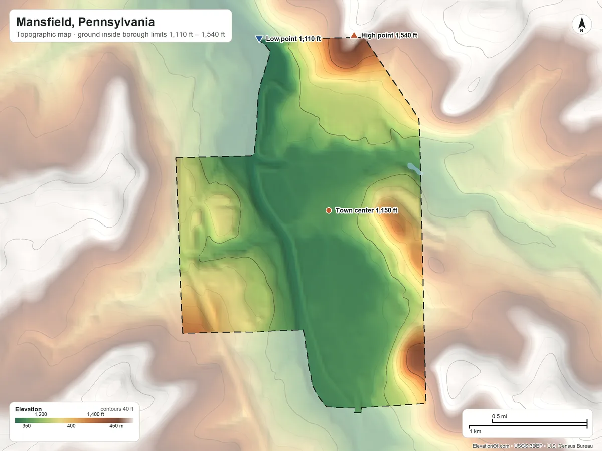 Topographic elevation map of Mansfield, Pennsylvania, shaded from 1,110 ft on the north side to 1,540 ft on the north side