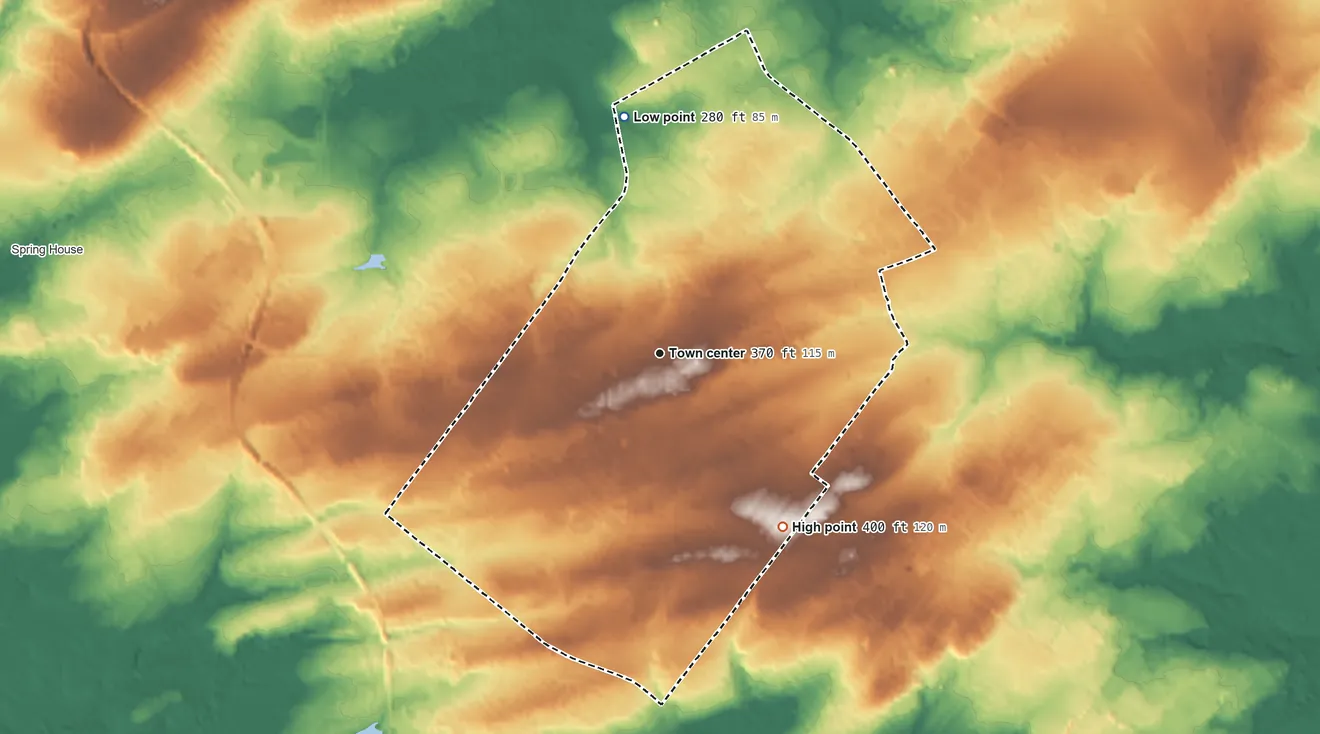 Topographic elevation map of Maple Glen, Pennsylvania, shaded from 280 ft on the north side to 400 ft on the southeast side