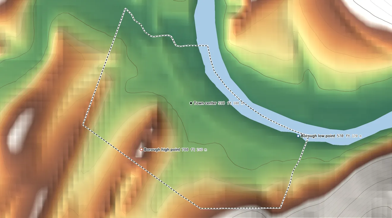 Topographic elevation map of Mapleton, Pennsylvania, shaded from 570 ft on the east side to 780 ft on the southwest edge, below higher ground just outside