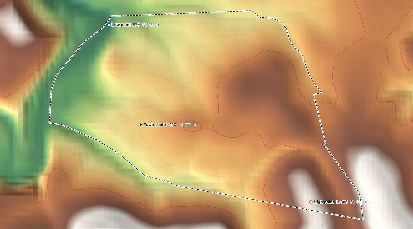 Topographic elevation map of Mapletown, Pennsylvania, shaded from 870 ft on the north side to 1,080 ft on the southeast side