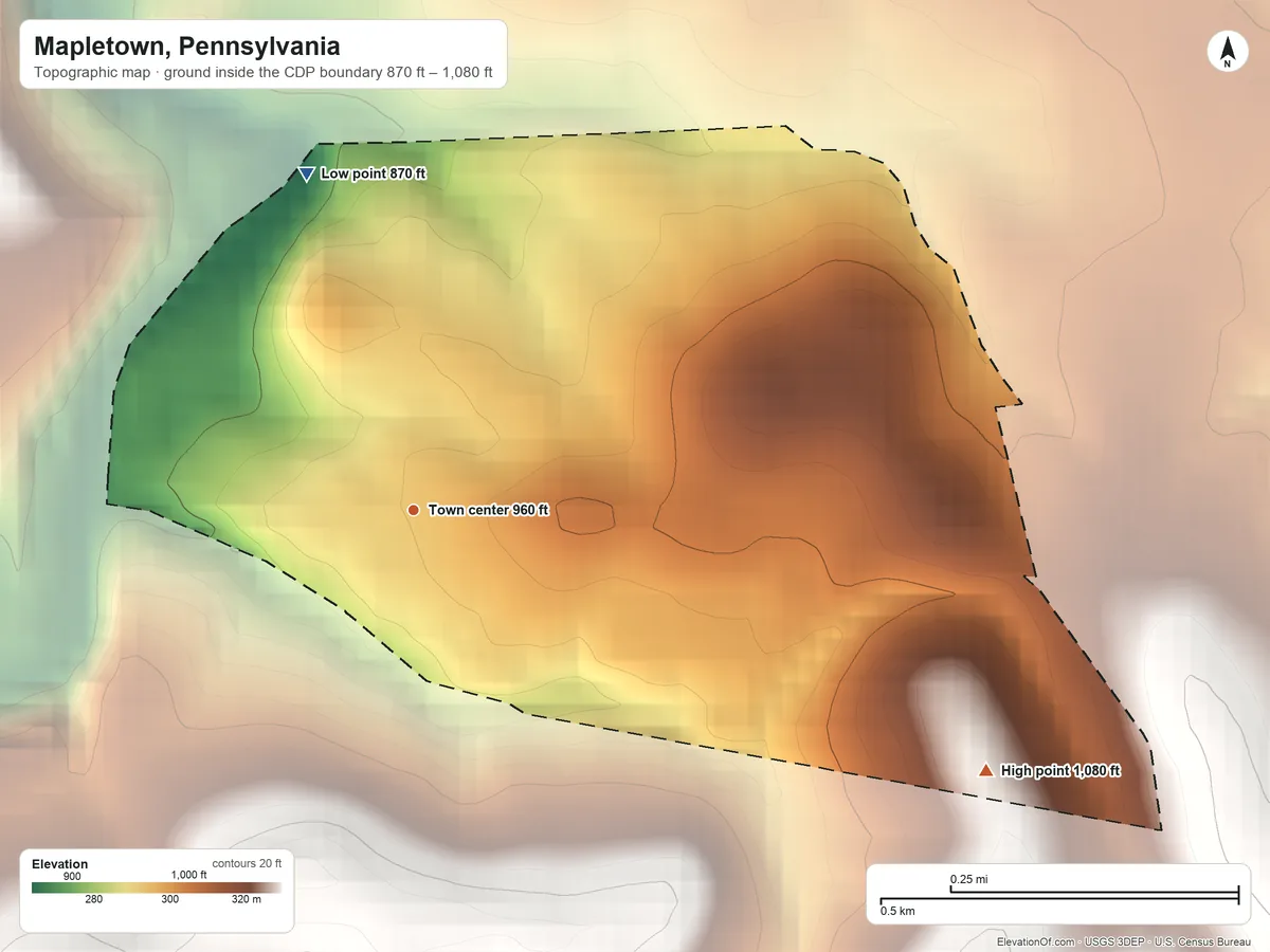 Topographic elevation map of Mapletown, Pennsylvania, shaded from 870 ft on the north side to 1,080 ft on the southeast side