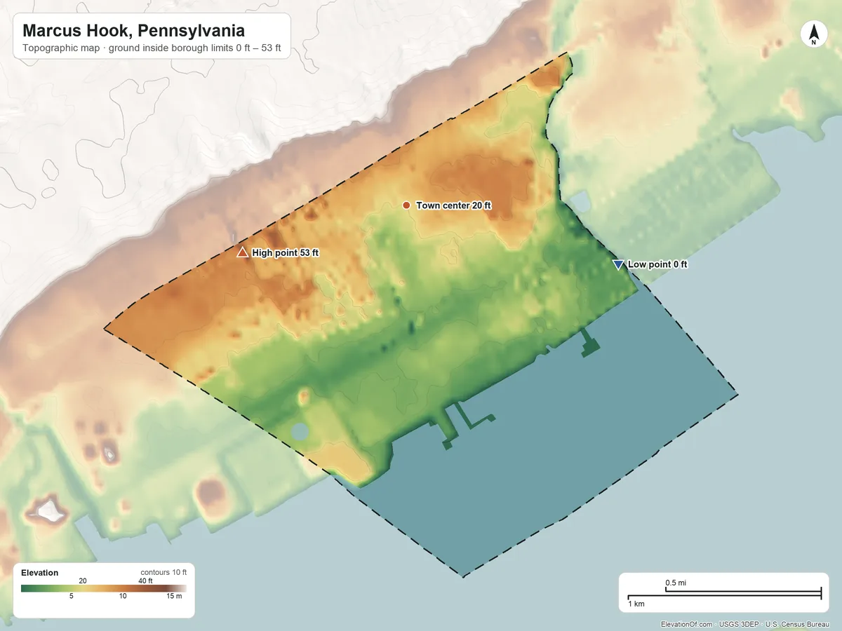 Topographic elevation map of Marcus Hook, Pennsylvania, shaded from 0 ft on the east side to 53 ft on the west side