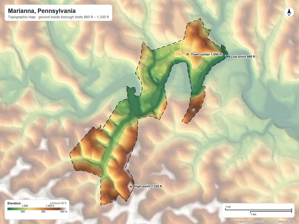 Topographic elevation map of Marianna, Pennsylvania, shaded from 860 ft on the east side to 1,330 ft on the southwest side
