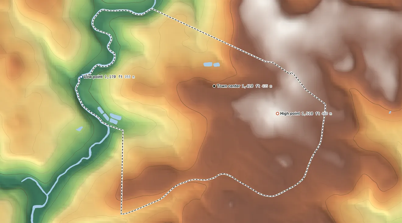 Topographic elevation map of Marianne, Pennsylvania, shaded from 1,170 ft on the west side to 1,510 ft on the southeast side