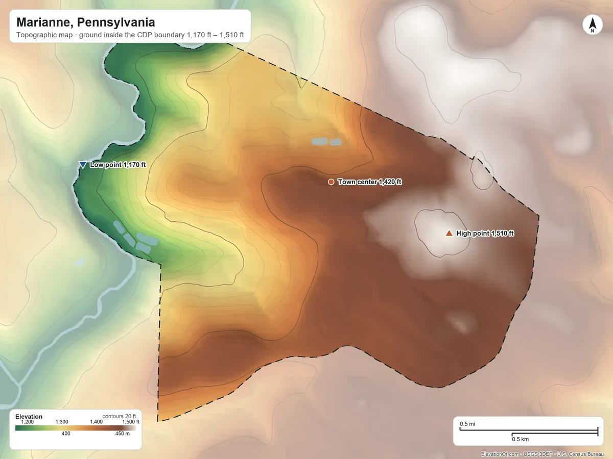 Topographic elevation map of Marianne, Pennsylvania, shaded from 1,170 ft on the west side to 1,510 ft on the southeast side