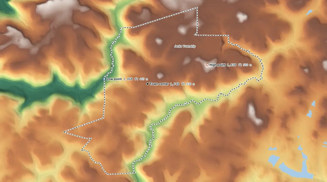 Topographic elevation map of Marienville, Pennsylvania, shaded from 1,460 ft on the west side to 1,830 ft on the east side