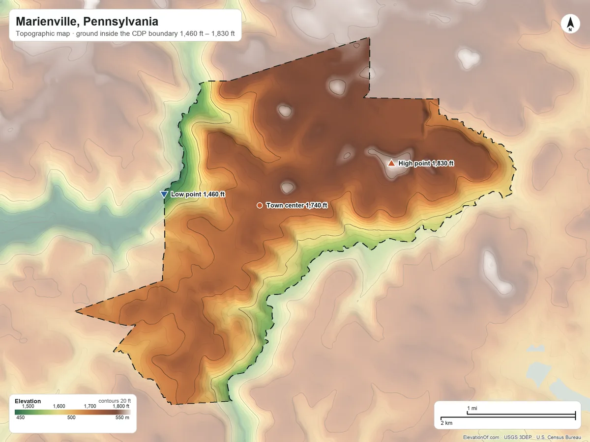 Topographic elevation map of Marienville, Pennsylvania, shaded from 1,460 ft on the west side to 1,830 ft on the east side
