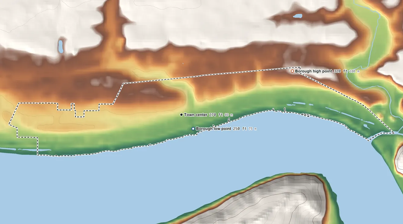 Topographic elevation map of Marietta, Pennsylvania, shaded from 250 ft near the middle to 320 ft at the foot of the Hellam Hills