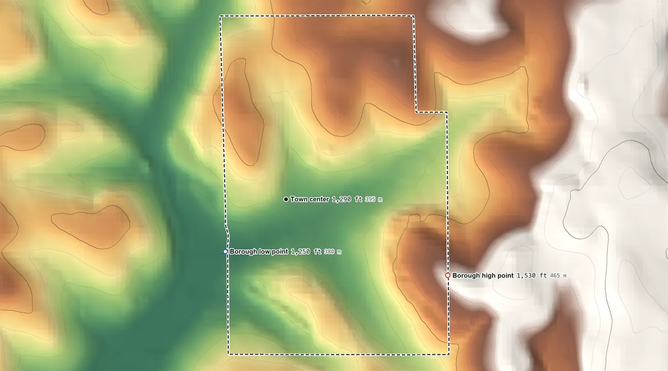 Topographic elevation map of Marion Center, Pennsylvania, shaded from 1,250 ft on the southwest side to 1,530 ft on the southeast side