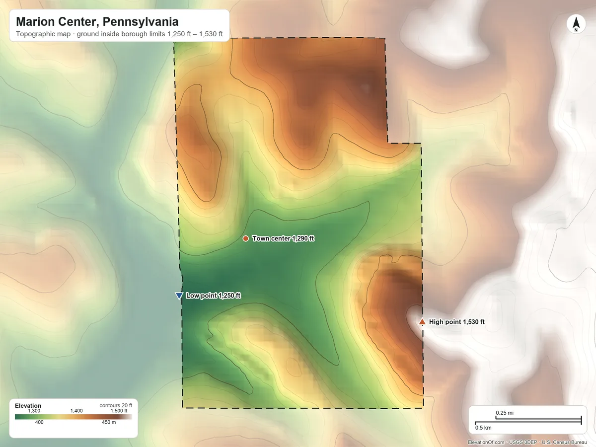 Topographic elevation map of Marion Center, Pennsylvania, shaded from 1,250 ft on the southwest side to 1,530 ft on the southeast side