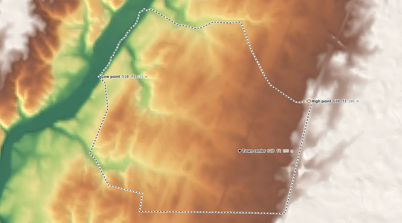 Topographic elevation map of Marion, Pennsylvania, shaded from 510 ft on the northwest side to 680 ft on the northeast side