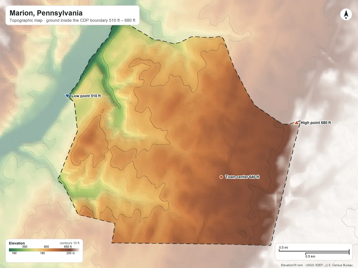 Topographic elevation map of Marion, Pennsylvania, shaded from 510 ft on the northwest side to 680 ft on the northeast side