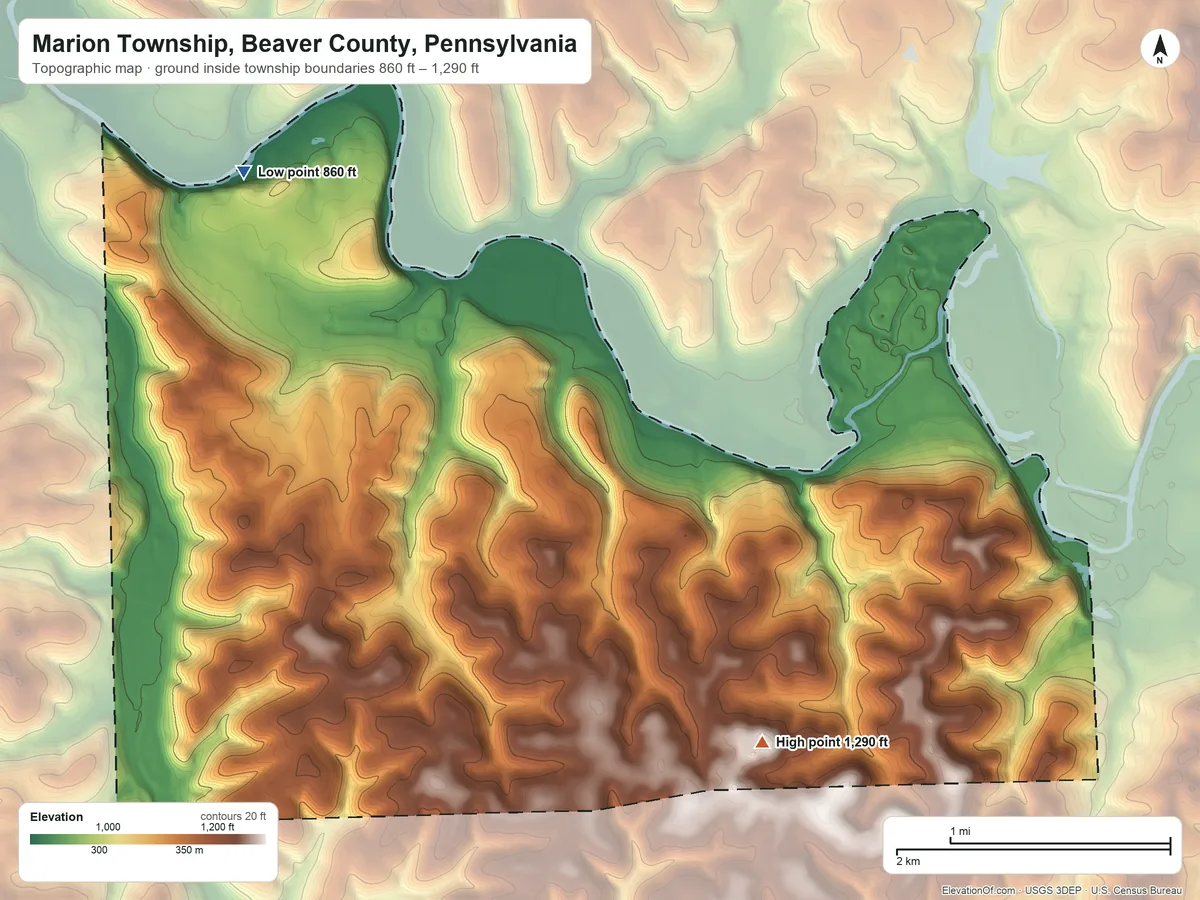 Topographic elevation map of Marion Township, Beaver County, Pennsylvania, shaded from 860 ft on the northwest side to 1,290 ft on the southeast side