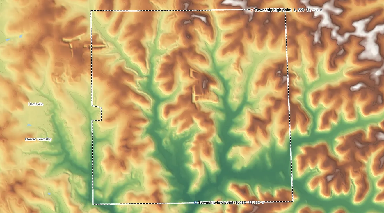 Topographic elevation map of Marion Township, Butler County, Pennsylvania, shaded from 1,180 ft on the south side to 1,550 ft on the northeast side
