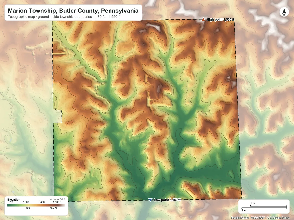 Topographic elevation map of Marion Township, Butler County, Pennsylvania, shaded from 1,180 ft on the south side to 1,550 ft on the northeast side