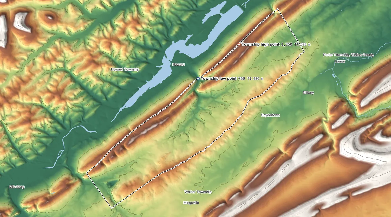 Topographic elevation map of Marion Township, Centre County, Pennsylvania, shaded from 760 ft on the north side to 1,750 ft on the northeast side