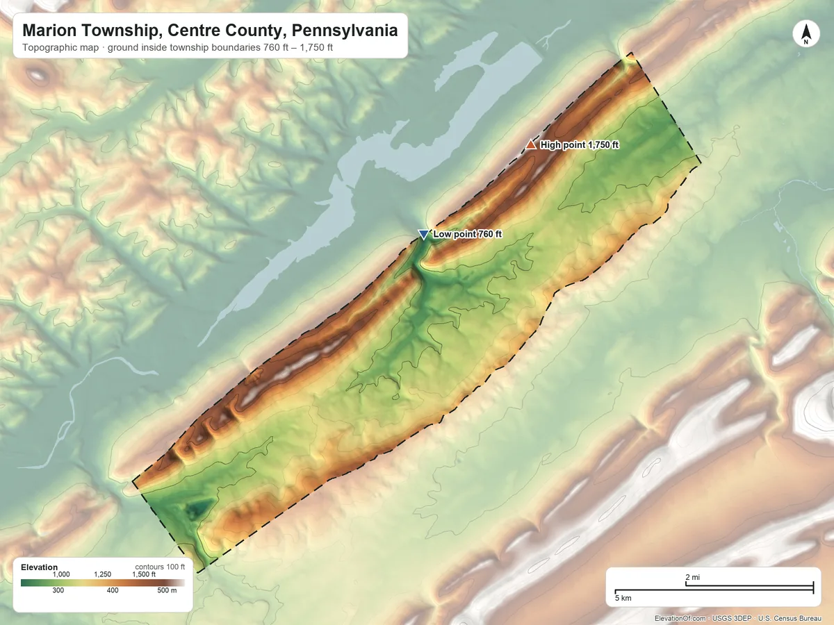Topographic elevation map of Marion Township, Centre County, Pennsylvania, shaded from 760 ft on the north side to 1,750 ft on the northeast side