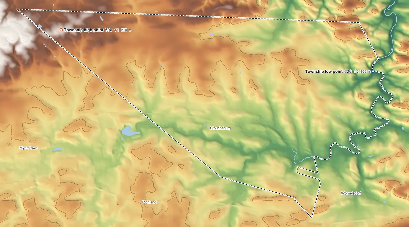 Topographic elevation map of Marion Township, Pennsylvania, shaded from 320 ft on the east side to 690 ft on the northwest side