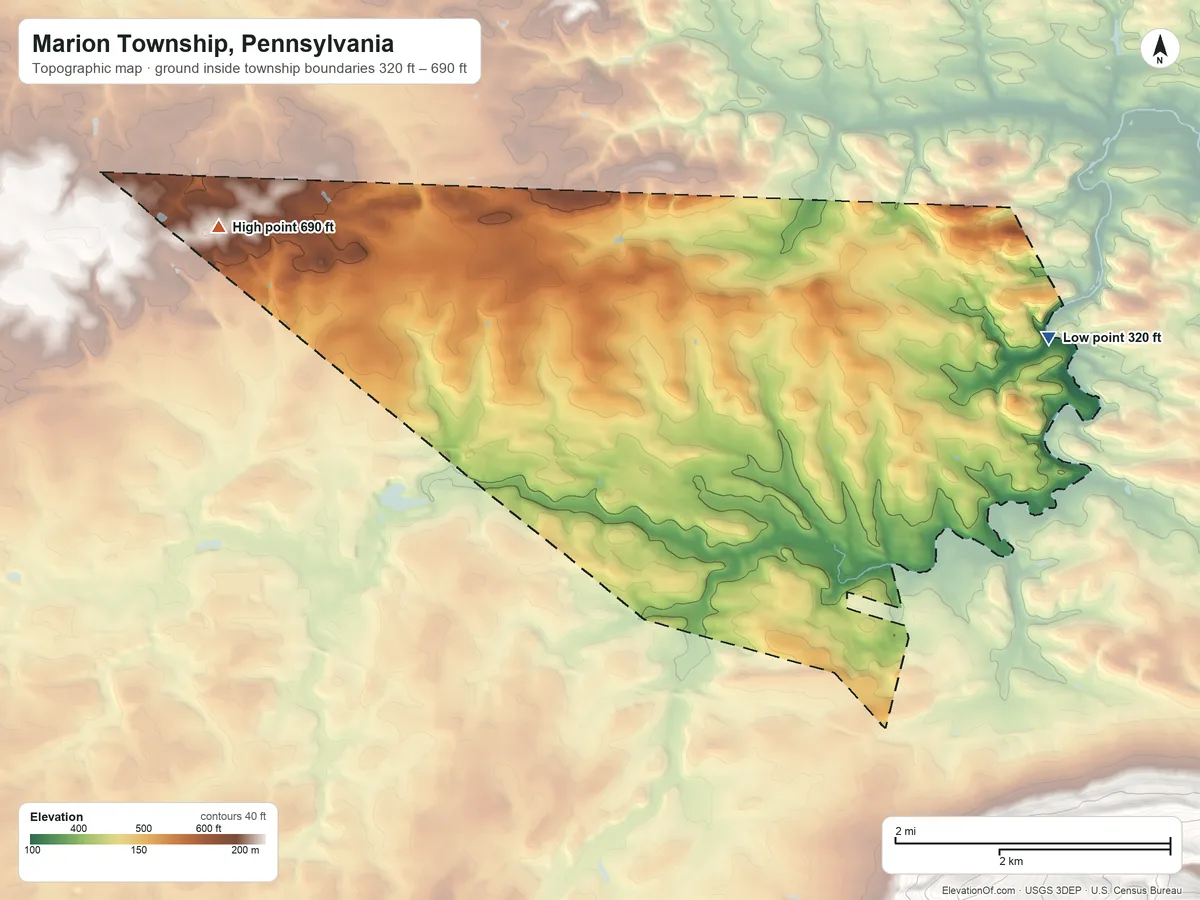 Topographic elevation map of Marion Township, Pennsylvania, shaded from 320 ft on the east side to 690 ft on the northwest side