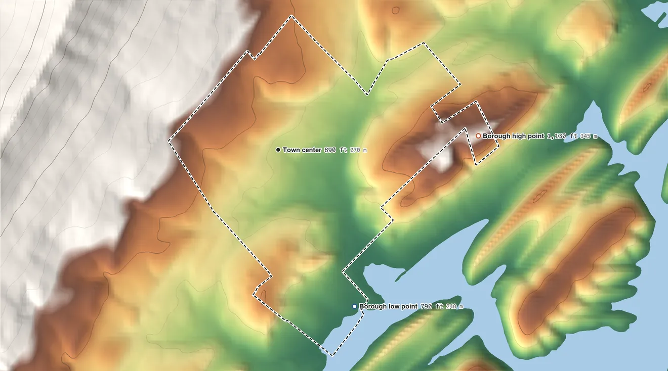 Topographic elevation map of Marklesburg, Pennsylvania, shaded from 790 ft on the southeast side to 1,130 ft on the east edge, below higher ground just outside