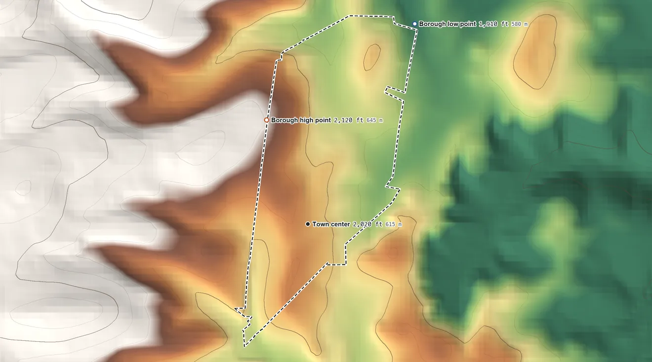 Topographic elevation map of Markleysburg, Pennsylvania, shaded from 1,910 ft on the northeast side to 2,120 ft at the foot of the Negro Mountain