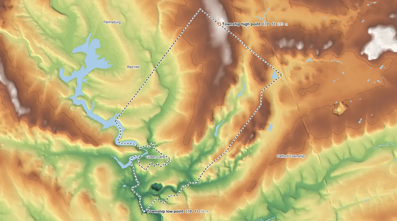 Topographic elevation map of Marlborough Township, Pennsylvania, shaded from 170 ft on the southwest side to 670 ft on the north side