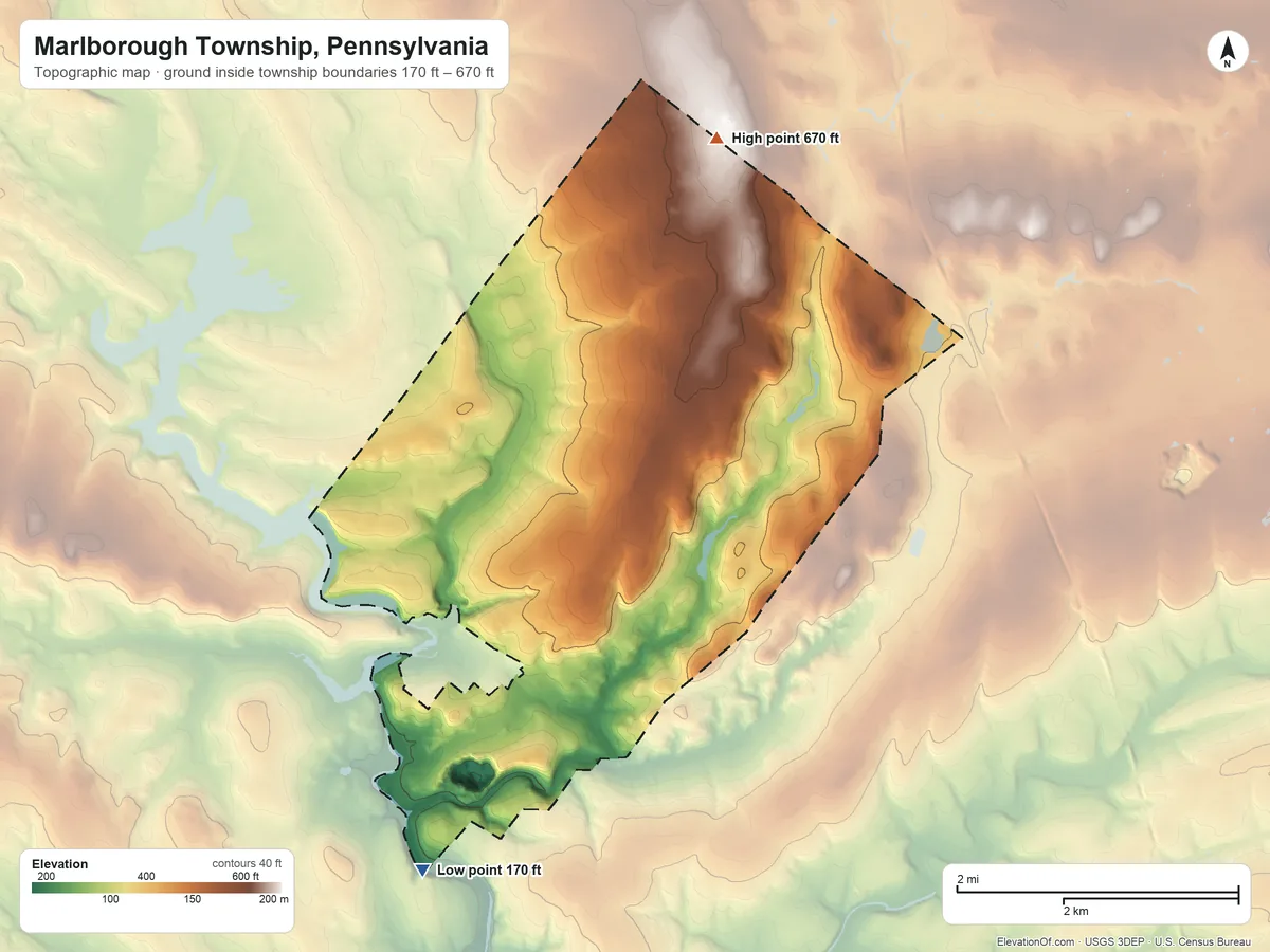 Topographic elevation map of Marlborough Township, Pennsylvania, shaded from 170 ft on the southwest side to 670 ft on the north side