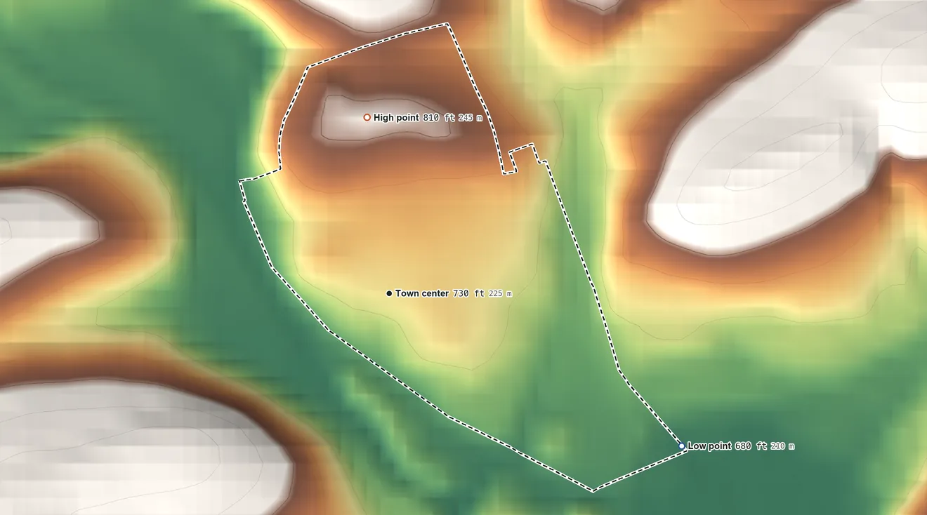 Topographic elevation map of Marlin, Pennsylvania, shaded from 680 ft on the southeast side to 810 ft at the foot of the Broad Mountain