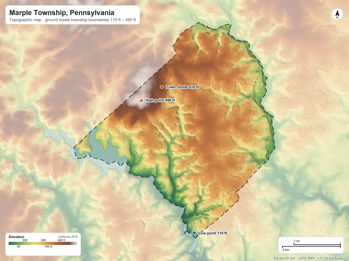 Topographic elevation map of Marple Township, Pennsylvania, shaded from 110 ft on the south side to 490 ft near the middle