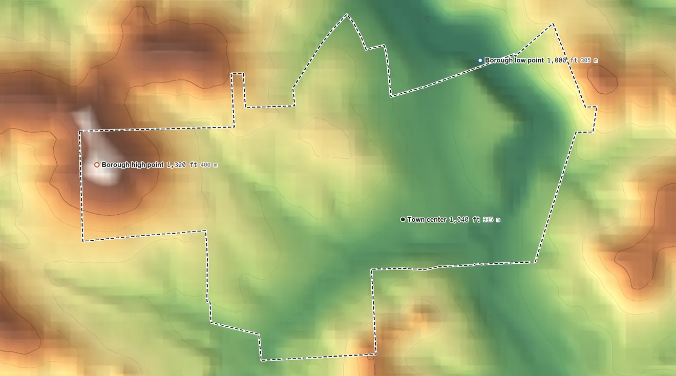 Topographic elevation map of Mars, Pennsylvania, shaded from 1,000 ft on the northeast side to 1,320 ft on the west side