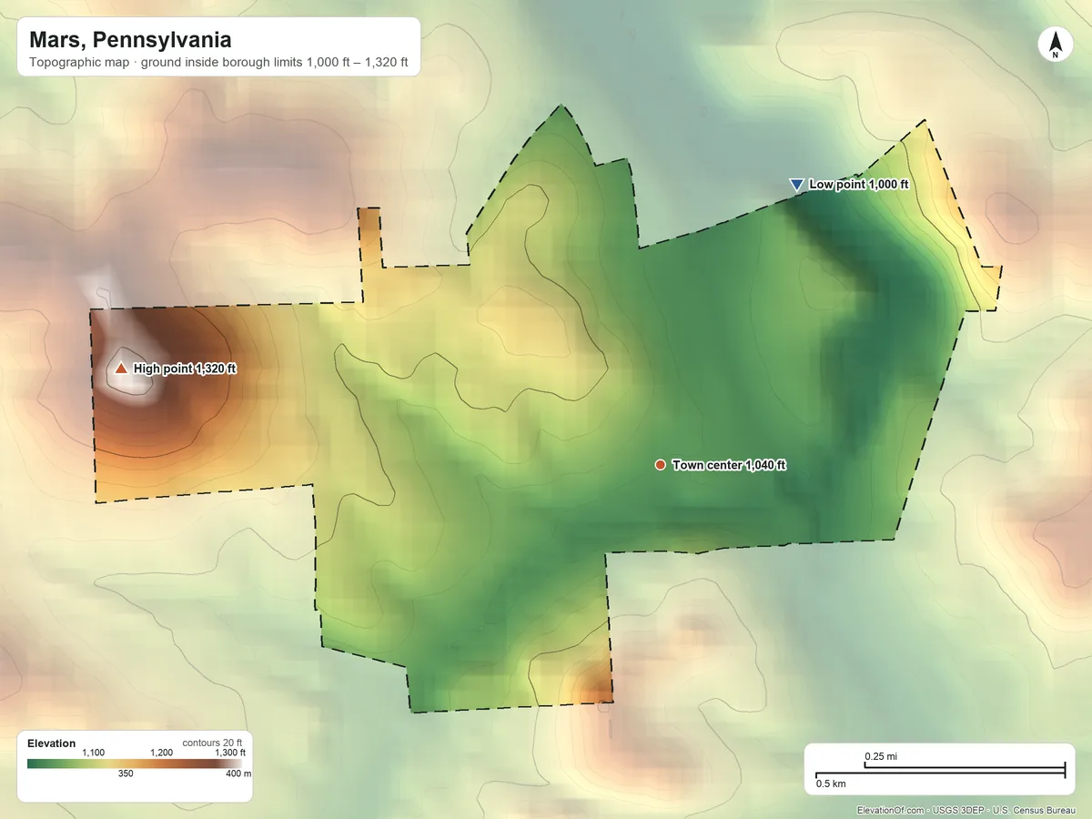 Topographic elevation map of Mars, Pennsylvania, shaded from 1,000 ft on the northeast side to 1,320 ft on the west side