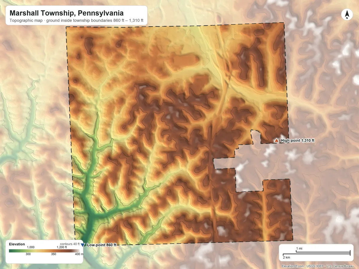 Topographic elevation map of Marshall Township, Pennsylvania, shaded from 860 ft on the southwest side to 1,310 ft on the east side