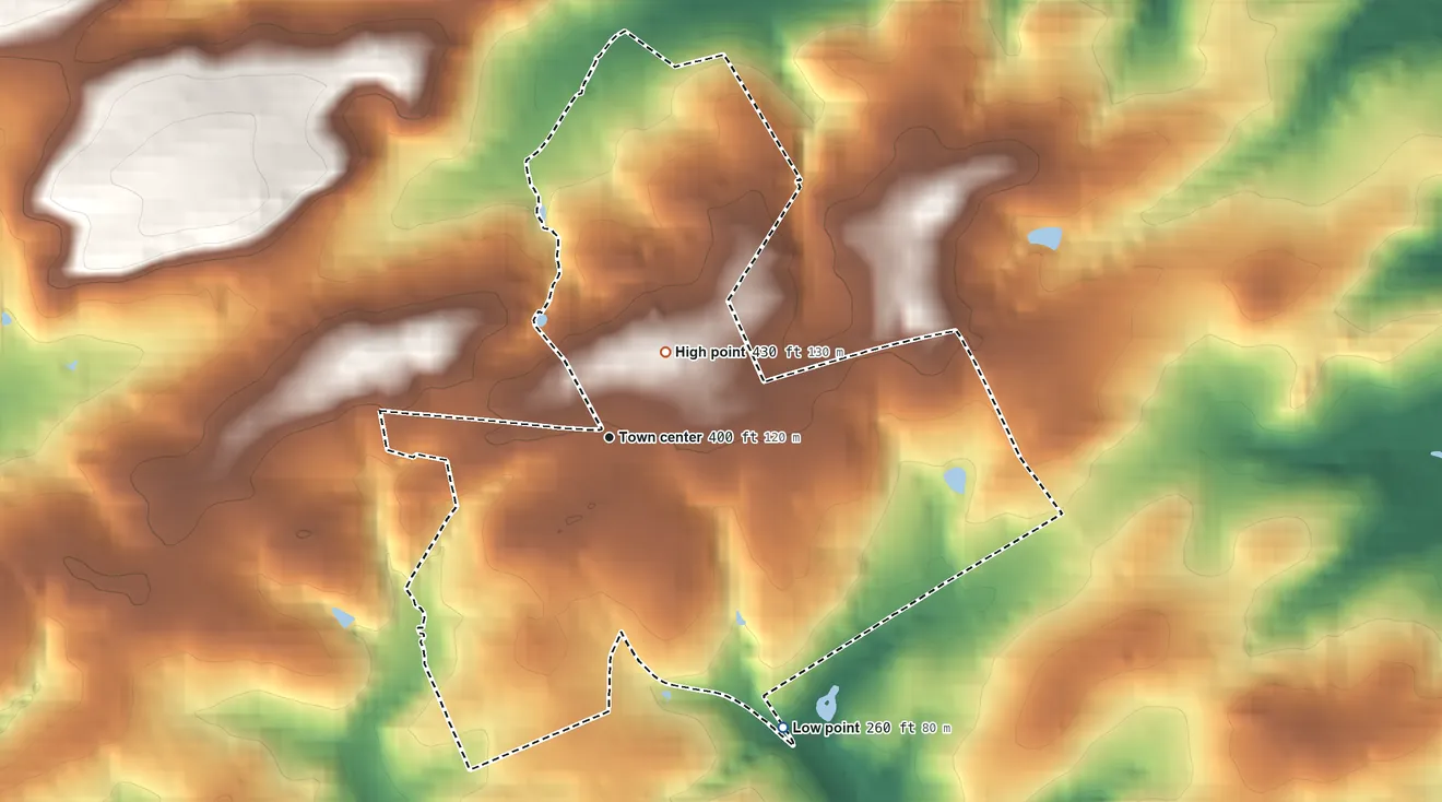 Topographic elevation map of Marshallton, Chester County, Pennsylvania, shaded from 260 ft on the southeast side to 430 ft on the northeast side