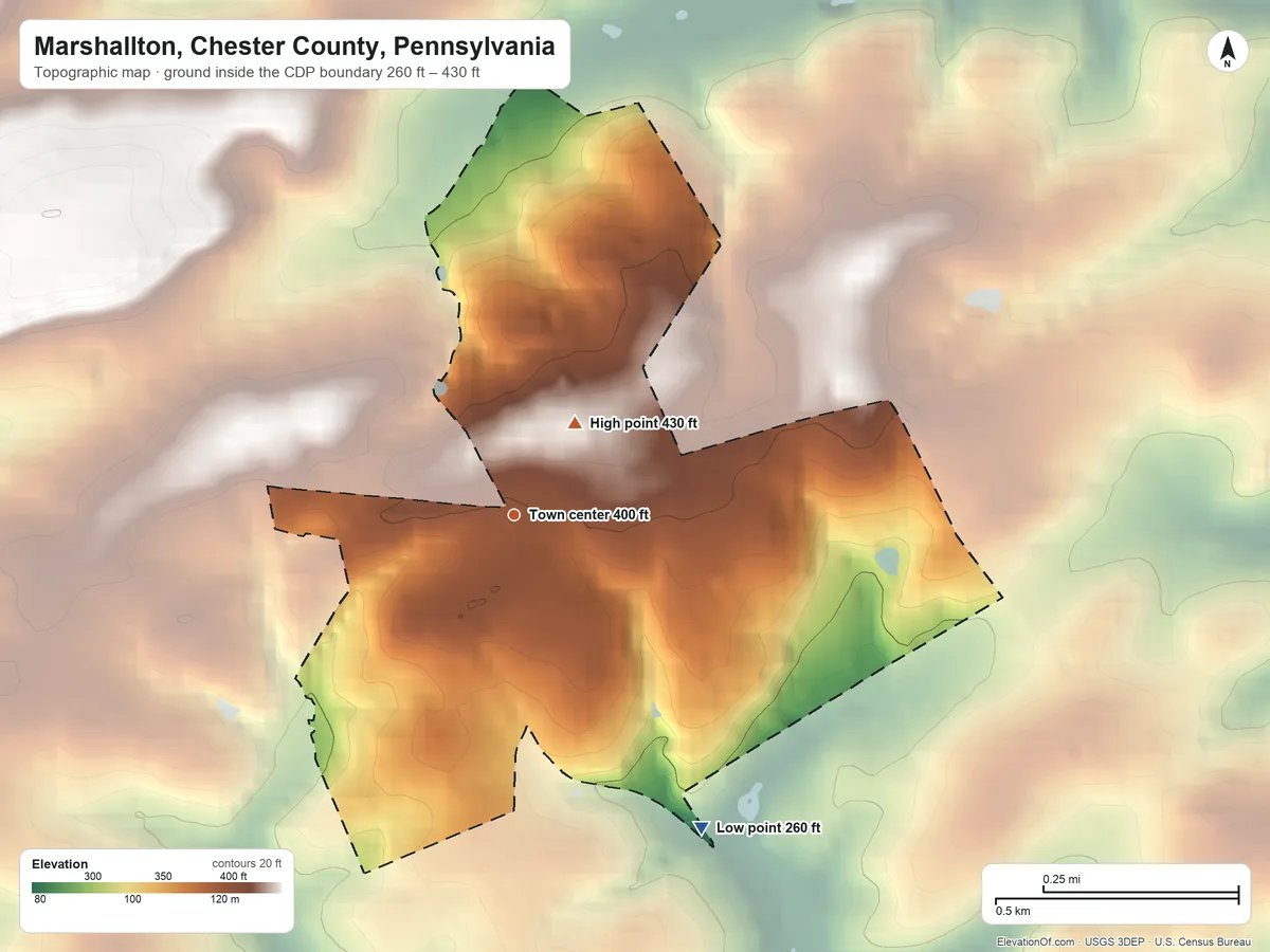 Topographic elevation map of Marshallton, Chester County, Pennsylvania, shaded from 260 ft on the southeast side to 430 ft on the northeast side